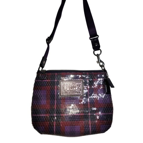 Coach Poppy Tartain Sequin Crossbody Purple - Picture 1 of 6